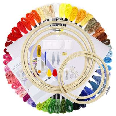 Embroidery Starter Kit Bamboo Embroidery Hoops, Color Threads, 18-Inch 14 Count Classic Reserve Aida and Cross Stitch Tool Kit